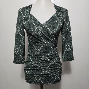 Maurices Y2K Green Printed Ruched Blouse Size Small Feminine